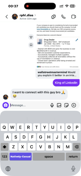 Natively keyboard in action, rewriting text in Instagram DMs